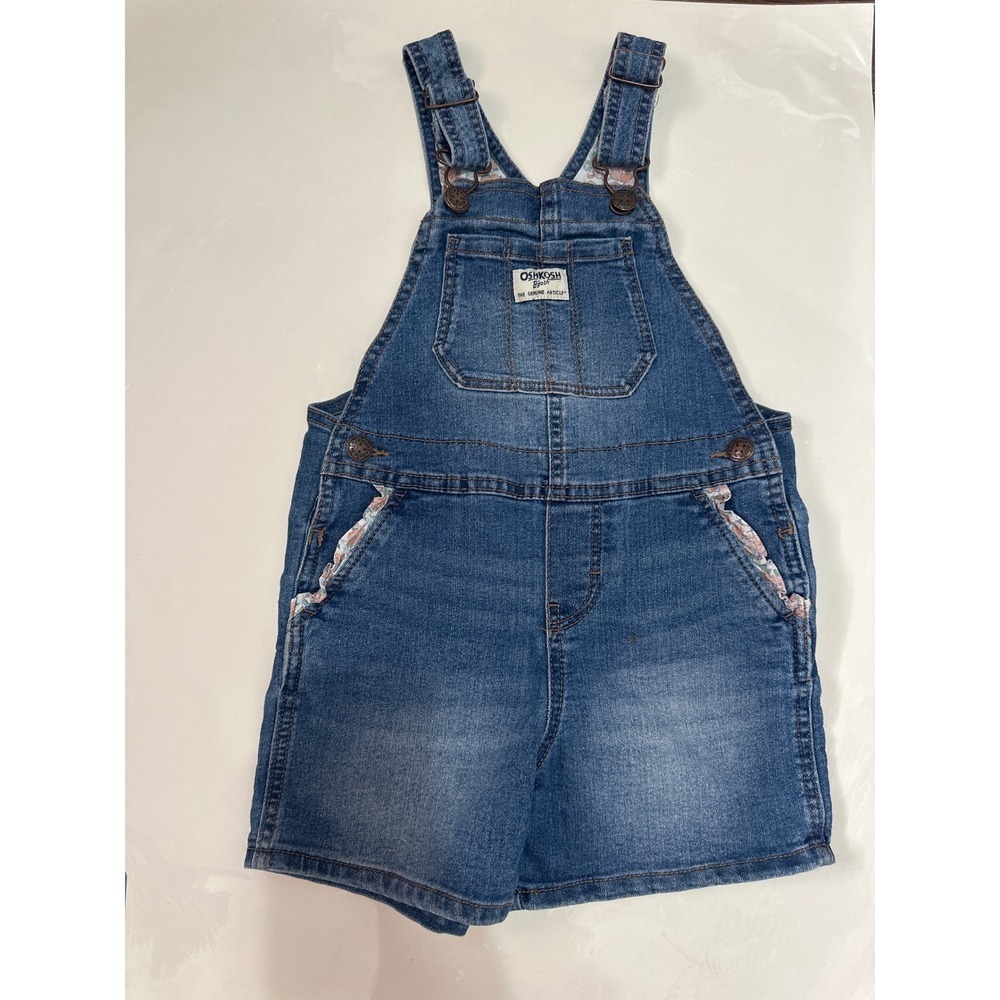 OshKosh Bgosh Denim Overalls Shorts Floral Accents Girls 5T Romper